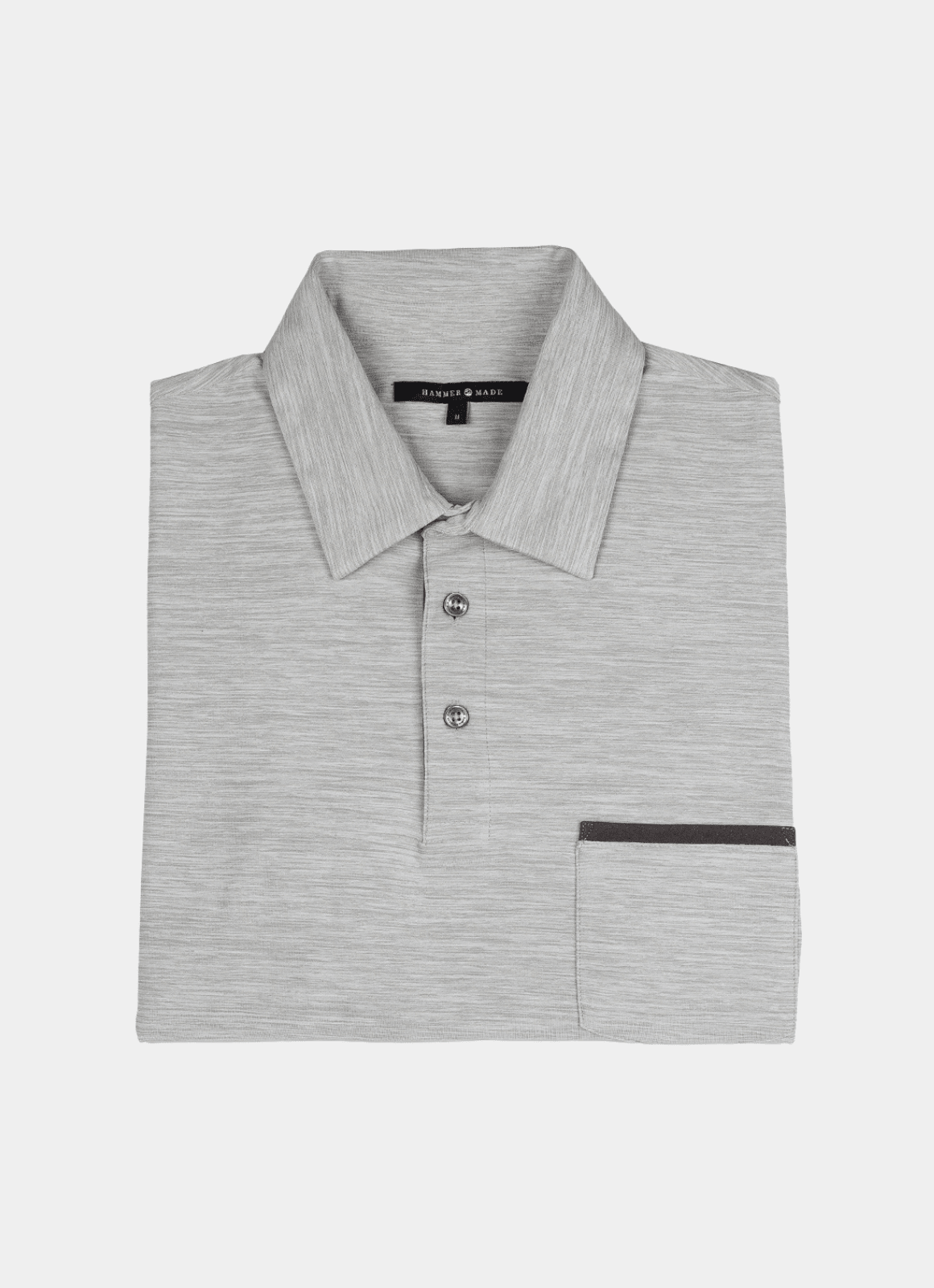 Long Sleeve Stretch Polo in Grey — Suede Placket & Pocket Trim, Polished Casual Style