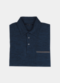 Long Sleeve Stretch Polo in Navy — Suede Placket & Pocket Trim, Polished Casual Style