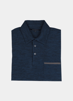 Long Sleeve Stretch Polo in Navy — Suede Placket & Pocket Trim, Polished Casual Style