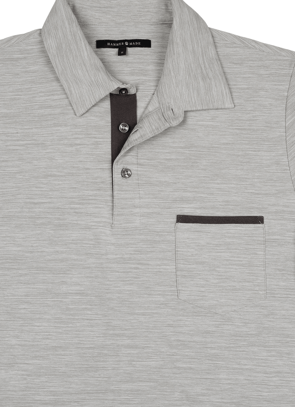 Long Sleeve Stretch Polo in Grey — Suede Placket & Pocket Trim, Polished Casual Style
