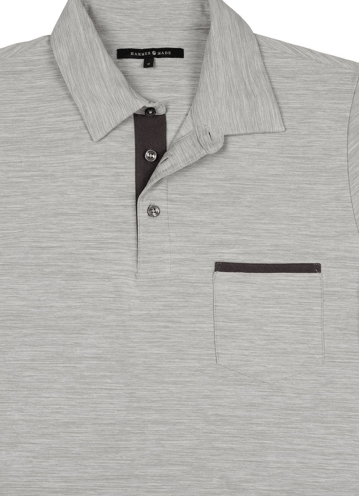 Long Sleeve Stretch Polo in Grey — Suede Placket & Pocket Trim, Polished Casual Style